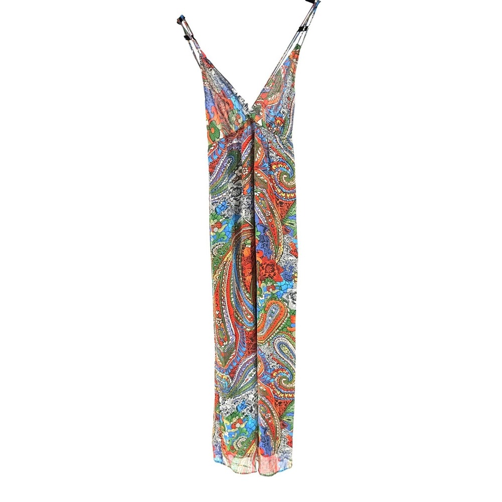Fairy Slip Paisley Maxi Dress Open Back Deep V-Neck Sleeveless Babydoll Large